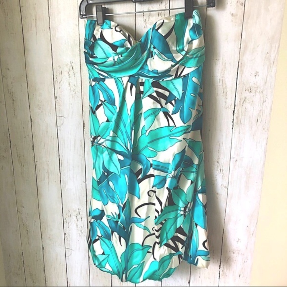 CACHE‎ Blue White Tropical Palm Print Silk Strapless Dress 8